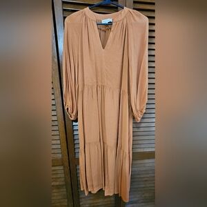 Gibson Latimer Camel V- Neck 3/4 Sleeve A line Midi Dress